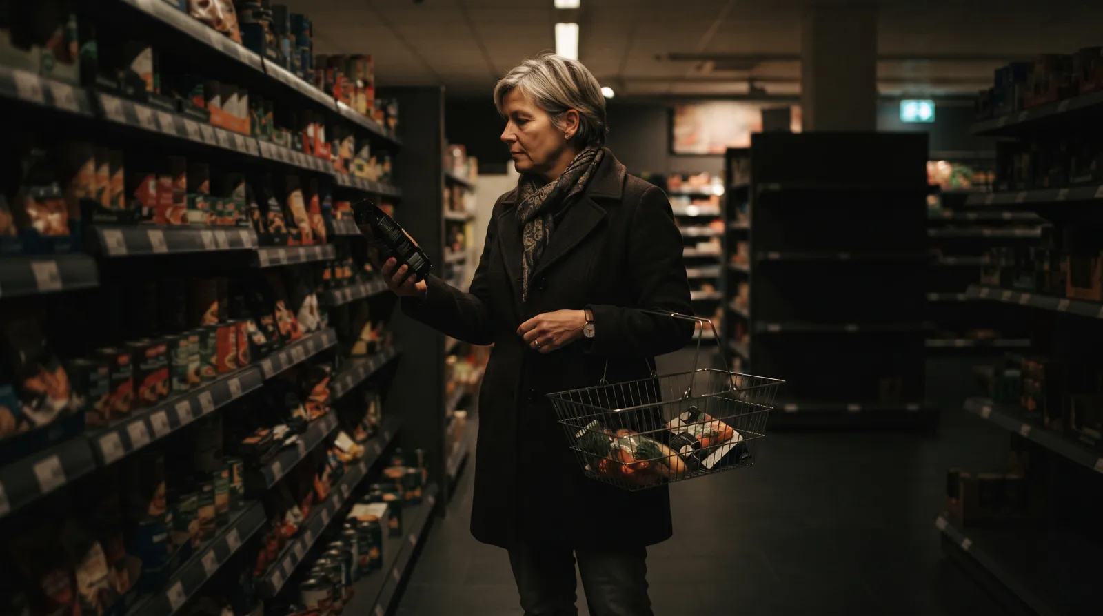 Frau um die 55 steht abends mit Einkaufskorb vor einem Supermarktregal