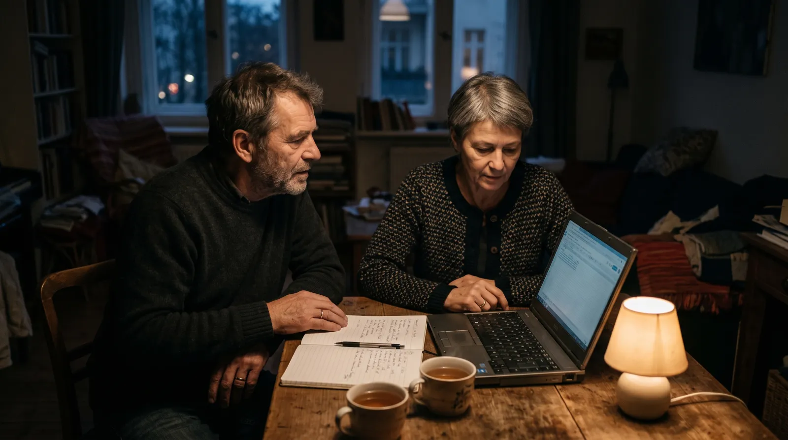 Paar sitzt abends mit Laptop und Notizbuch am Esstisch