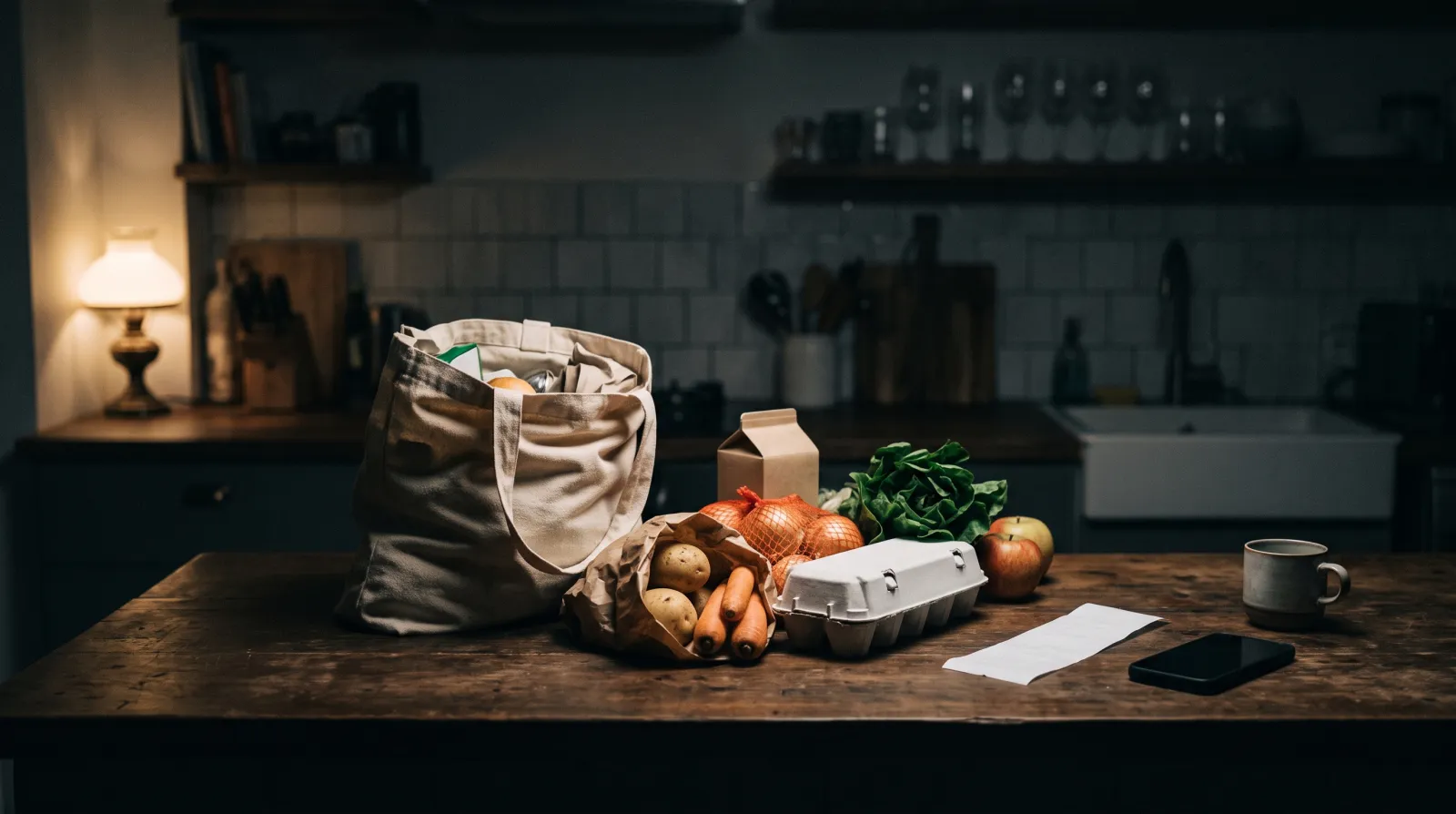 Küchenzeile mit Einkäufen, Stoffbeutel und Kassenbon bei Lampenlicht