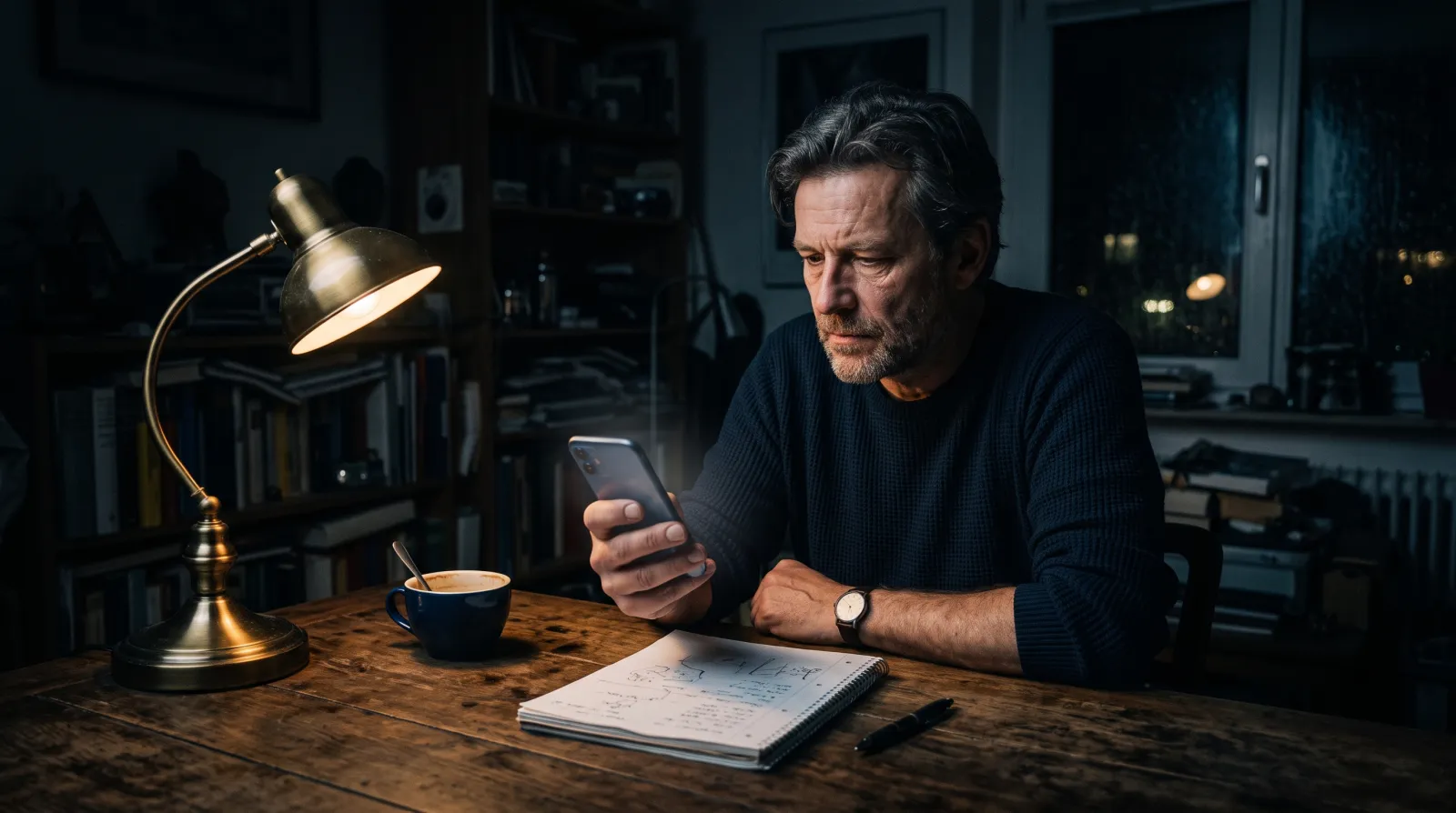 Mann um die 50 prüft abends am Tisch eine unscharfe Banking-Übersicht auf seinem Smartphone