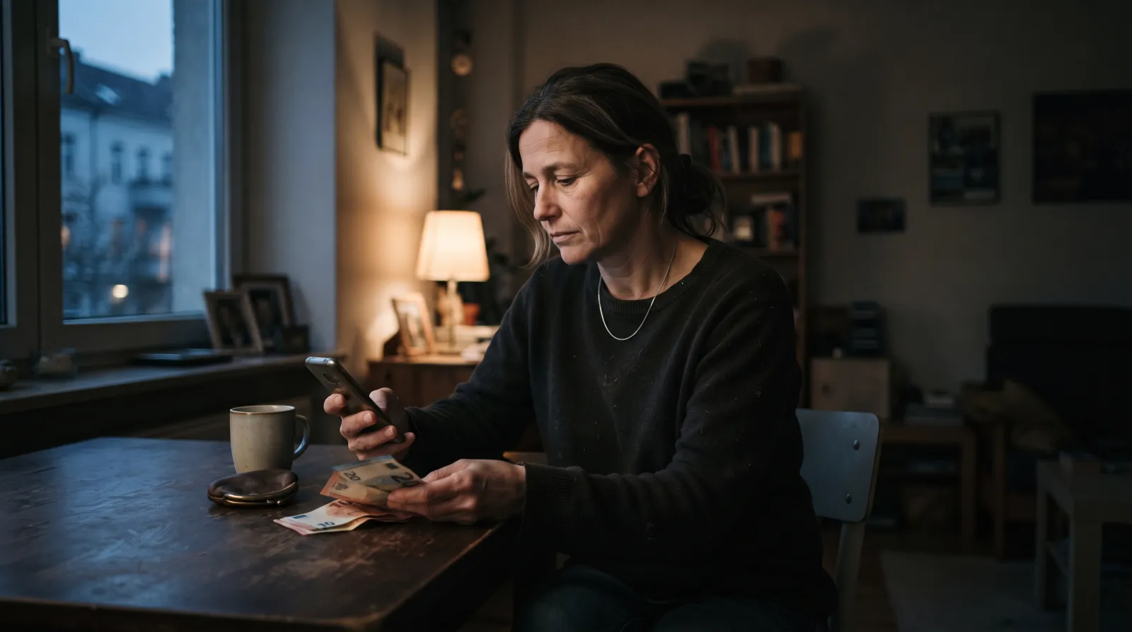 Frau um die 50 mit Smartphone in der einen und zwei Geldscheinen in der anderen Hand