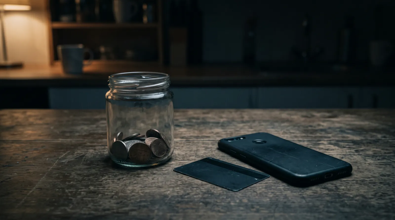Sparglas mit wenigen Münzen, eine Bankkarte ohne Logo und ein Smartphone auf einem Küchentisch